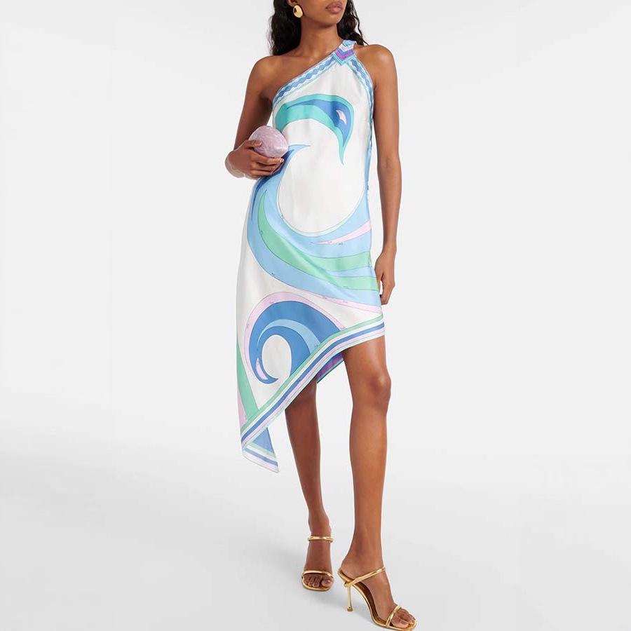 New European And American Summer Sexy Positioning Print Satin Shoulder Irregular Dress S