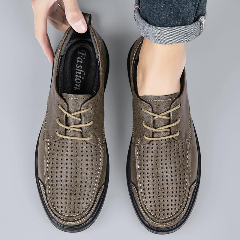 Fashion Spring New Men Comfortable Two-layer Cowhide Lace Up Casual Leather Shoes High-quality Men Hollowed Out Breathable Oxford Shoes