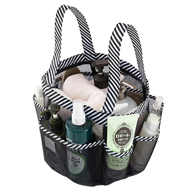 Borsa da Doccia in Rete, Borsa Portatile per Bagno del College, Quick Hold, 8 Tasche a Rete con Gancio per Chiavi e 2 Manici in Oxford - Nero