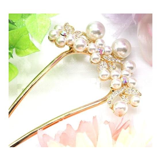 Miaomyao U-Shaped Hairpin for Women, Japanese Style Hair Stick with Pearls and Stones, Pink Gold Flower Hair Accessories for Kimono, Yukata, Formal
