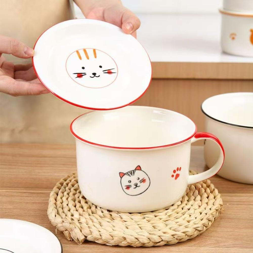 6-Inch Ceramic Instant Noodle Bowl,with Lid Spoon Handle,Personal Special Rice Bowls Noodle Office Workers, Dormitory Soup Set