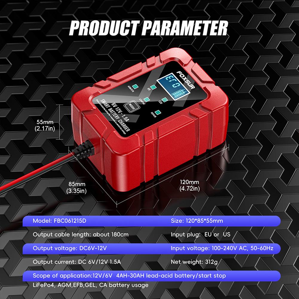 6V 12V 1.5A Smart Car Battery Maintainer Battery Trickle Charger Maintainer for RV Car Truck Motorcycle AGM Lead-Acid LiFePO4