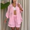 Women's 2 Piece Casual Outfit Oversized Long Sleeve Turn Down Collar Shirt and Drawstring Shorts Set