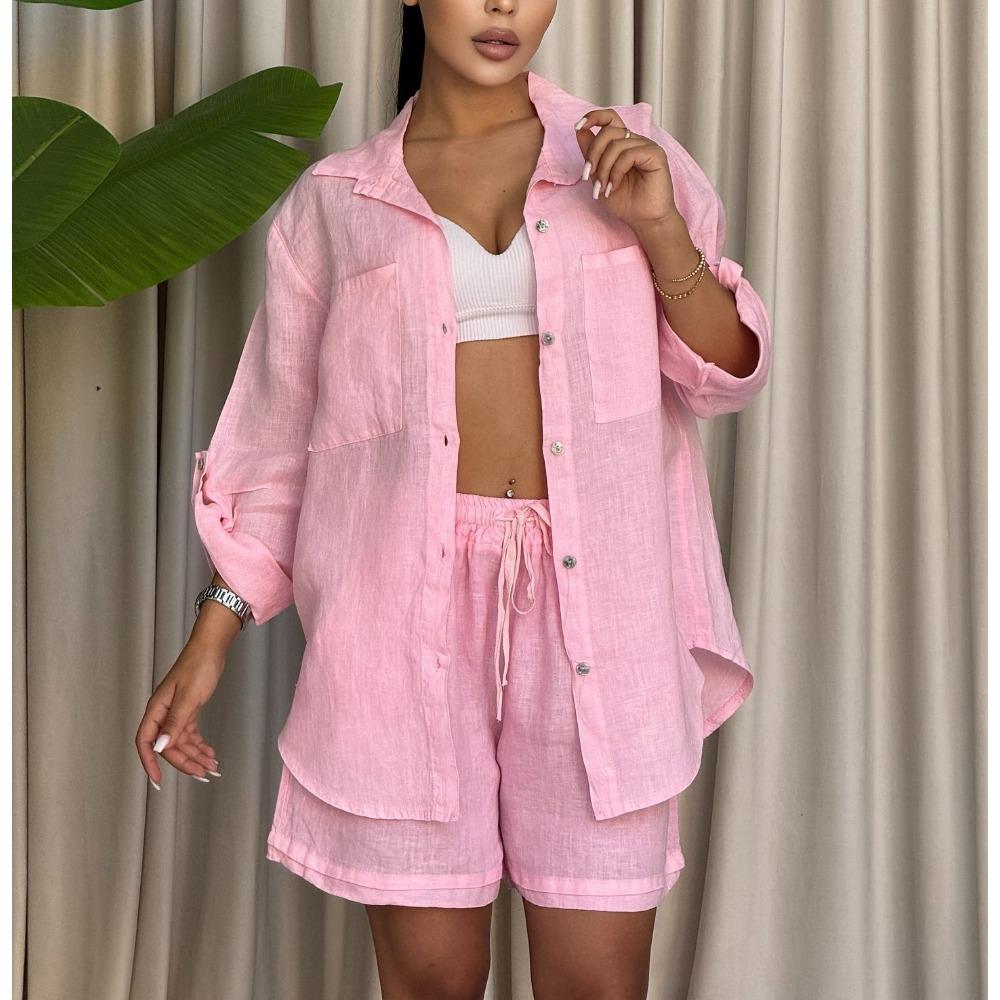 Women's 2 Piece Casual Outfit Oversized Long Sleeve Turn Down Collar Shirt and Drawstring Shorts Set