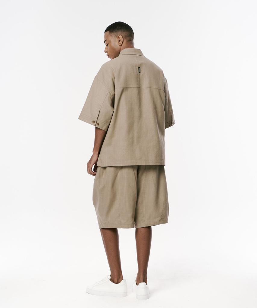 Codemorph Linen Texture Cotton Utility Short Sleeve Shirt Jacket Beige