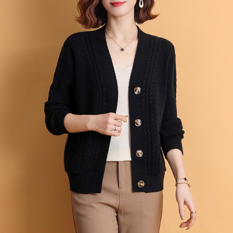 

Женское пальто на осень и зиму, высококлассное, универсальное, модное, с темпераментом, с карманом, вязаный кардиган с косами для женщин Average Size 54-115 чёрный