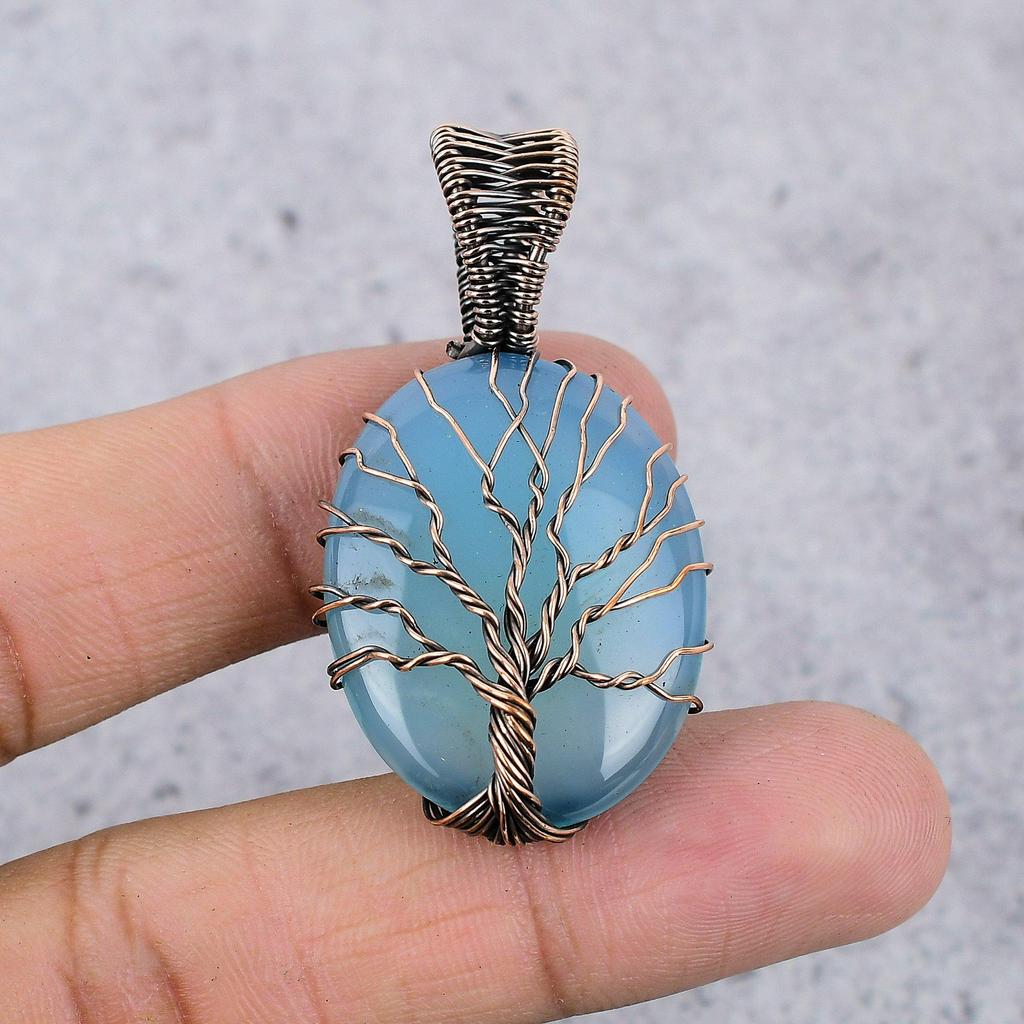 Blue Chalcedony 999 Copper Wire Wrapped Pendant, Handmade Gemstone Pendant Jewelry, Gifts For Wife Brand New Pendant