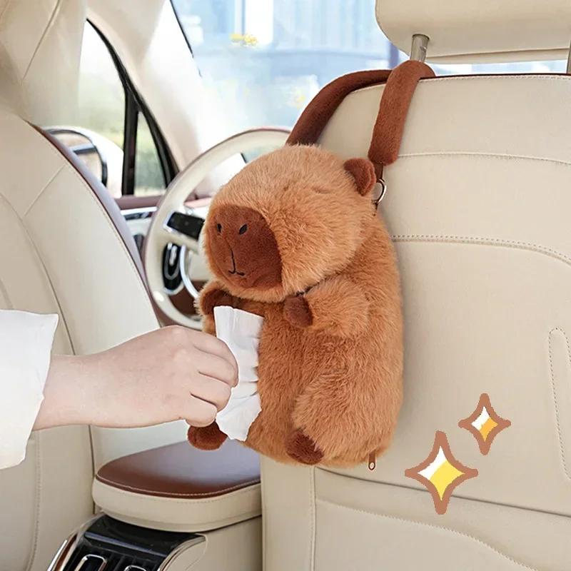 Cartoon Capybara Tissue Box Holder Cute Plush Tissue Boxes Bracket Auto Armrest Box Car Seat Back Car Decorations Car Tissue Box