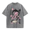 2026 Vintage Washed Beige Japanese Koi Fish Sakura Katana Graphic T Shirt Oriental Retro Animal Print Oversized Casual Short Sle