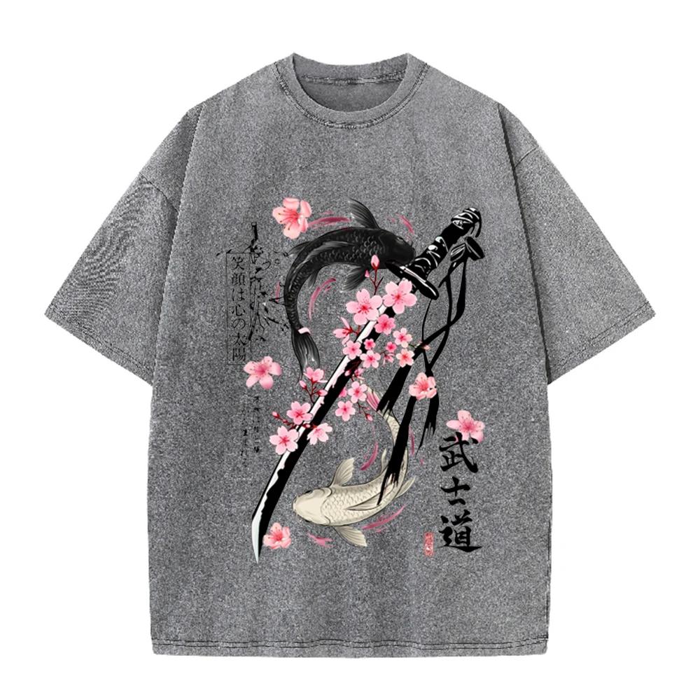 2026 Vintage Washed Beige Japanese Koi Fish Sakura Katana Graphic T Shirt Oriental Retro Animal Print Oversized Casual Short Sle