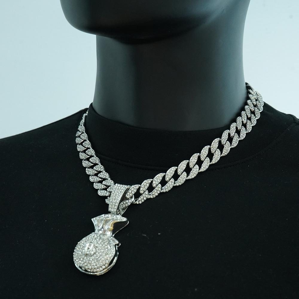 Hip Hop Chinese Style Money Bag Dollar $Symbol Pendant Street Hip Hop Full Diamond Money Bag Cuban Chain Jewelry
