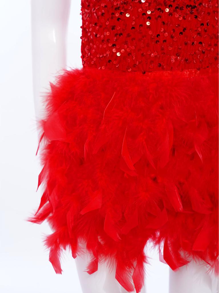 Robe de spectacle de danse pour filles Sans manches Fermeture éclair invisible au dos Patchwork en maille transparente Sequins brillants Plume Velours Robe