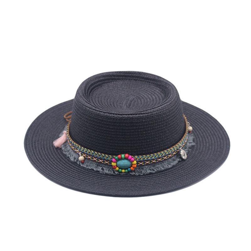 Summer Straw Jazz Hat Outdoor Seaside Beach Sunscreen Sunshade Sun Cap Flat Brim Classic Travel Panama