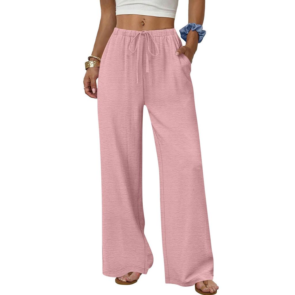 Women's Fashion Wide-Leg Trousers With Drawstring Elastic Waistband And Pockets Relaxed-Fit Casual Trousers