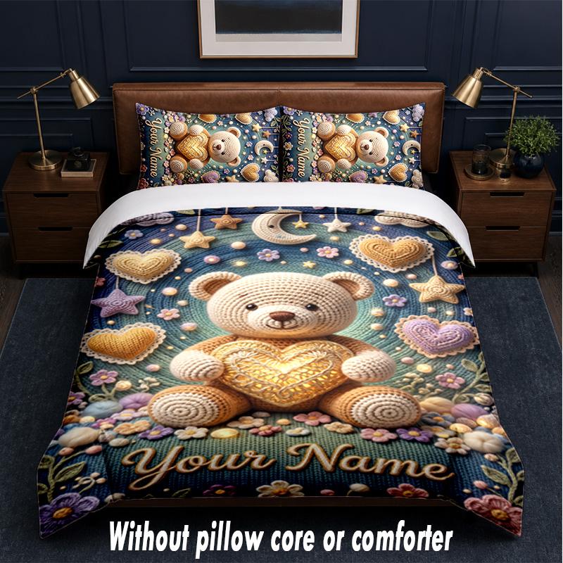 Teddy Bear Theme Custom Text Or Name 3Pcs Bedding Set,1 Flat Sheet & 2 Pillowcases Personalized Home Bedding