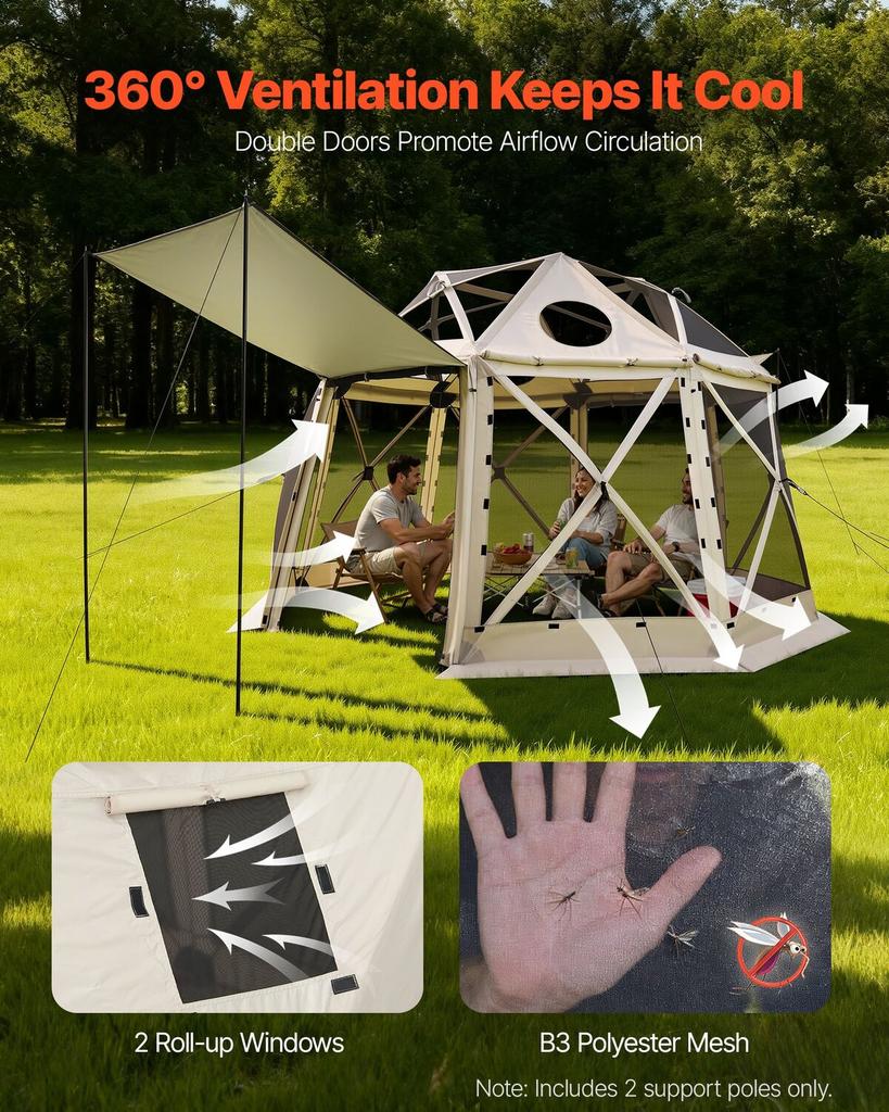 Tenda Gazebo Pop-up com Tela, 3,6x3,6 m, Tenda de Dossel de Acampamento Esférica de 13 Lados com Teto Removível e Bolsa de Transporte, Montagem Rápida e à Prova de Mosquitos, Casa de Tela Sol