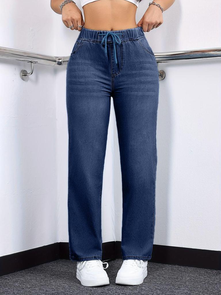 Blue Denim Stretch Pants with Elastic Waistband and Slim Straight Leg.