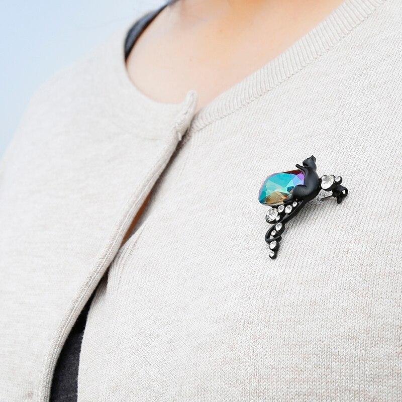 Mode Vintage Tier schwarze Katze schillernde handgemachte Glas Strass Messing Brosche Pin Zubehör für Frauen