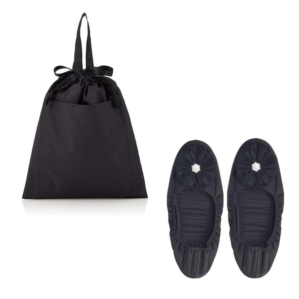 Angel Smile Royal School Jewel Portable Slippers Shoe Bag Set Jewel Chiffon RSSL2023002 Large & (Black Flower)