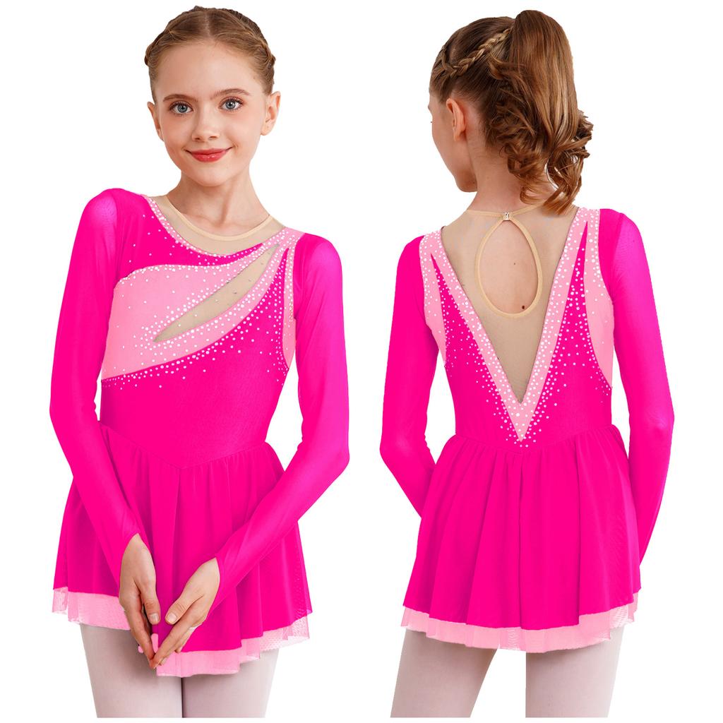 Kids Girls Color Block Dance Dress Glittery Rhinestone Sheer Mesh Long Sleeve Keyhole Back Figure Skating Dresses