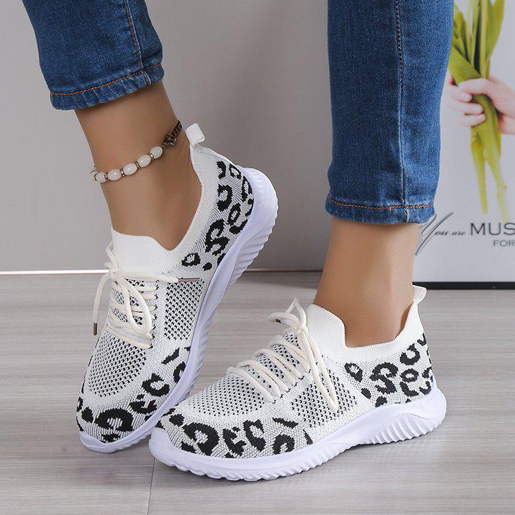 Plus Size Women's Leopard Print Flyknit Wedge Heel Casual Shoes - 2023 Spring/Autumn Collection