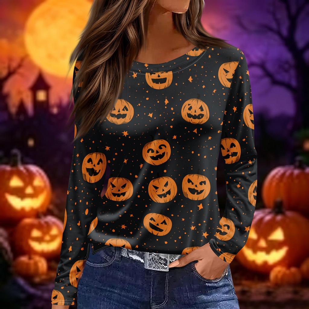 Women's Halloween Print Long Sleeve Round Neck Top with Split Hem