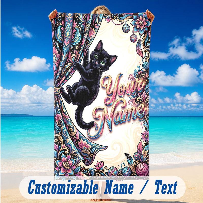 Cat Theme Beach Towel Personalized Custom Name & Text Soft Quick Dry Beach Towel for Swimming Travel