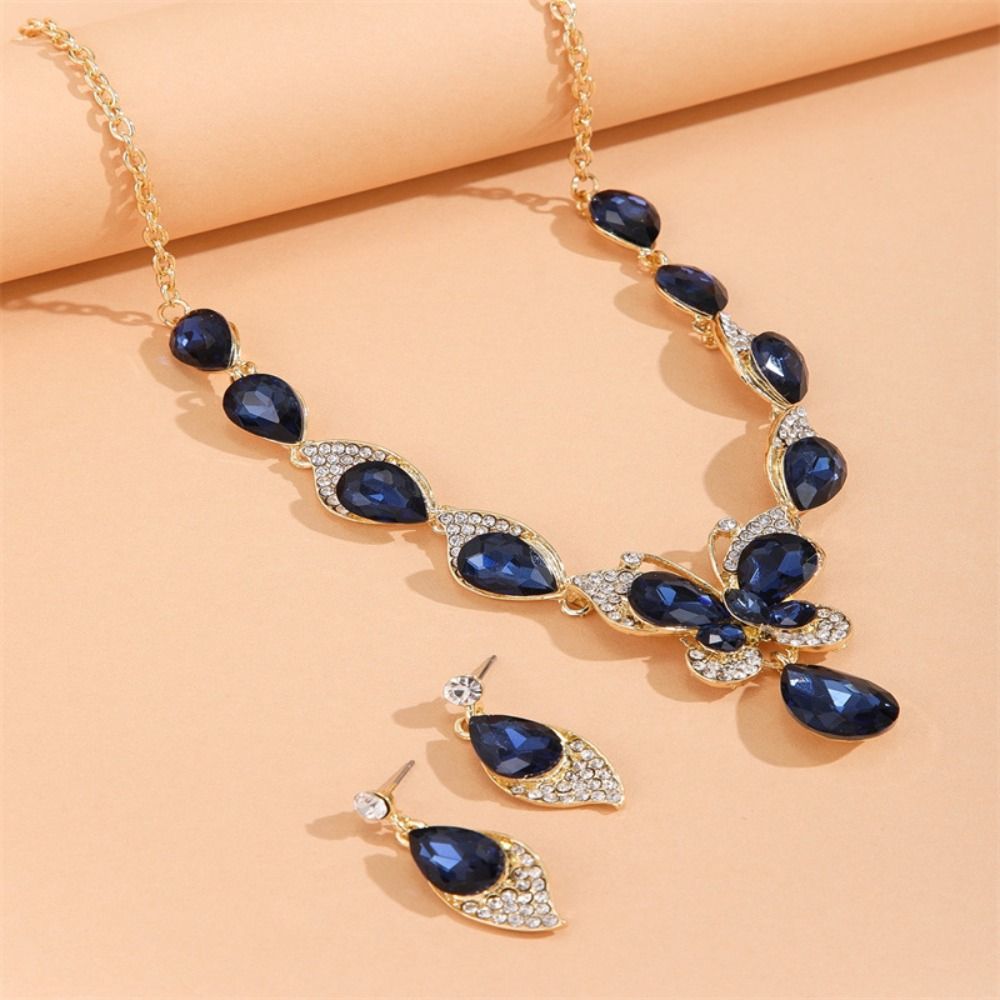 Shining Earrings Necklace Set Bracelet Rhinestone Butterfly Jewelry  Wedding Party