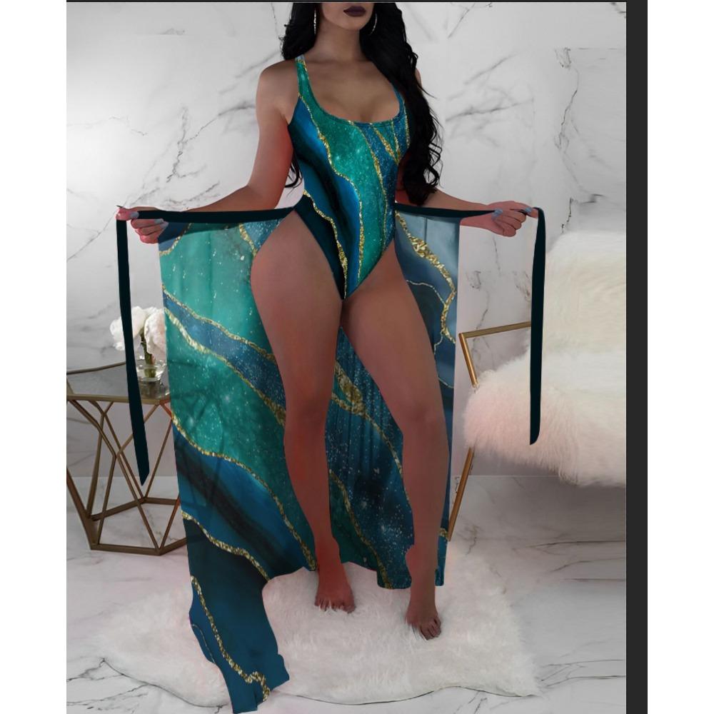 European and American Swimsuit Women's Three-piece Mesh Blouse Contrasting Color Printing Bikini