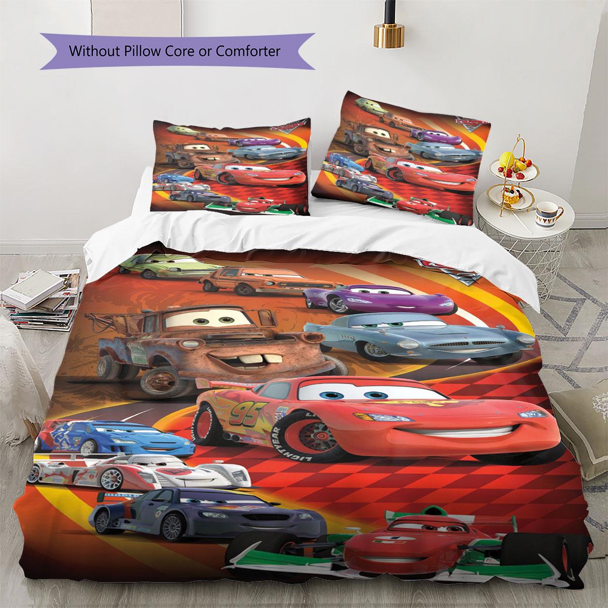 Three-piece Cars cartoon print duvet cover and pillowcase set, soft and breathable bedding set, duvet insert not included. 135x200cm