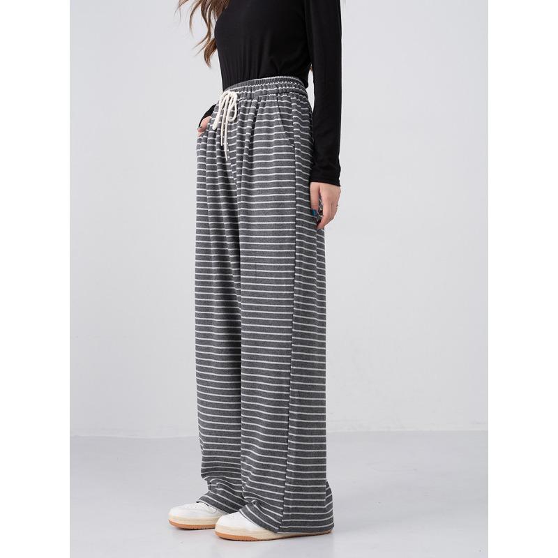 New Lazy Striped Wide Leg Pants Women's Autumn Lace-Up Elastic Waist Loose and Skinny Casual Straight Floor Mopping Pants