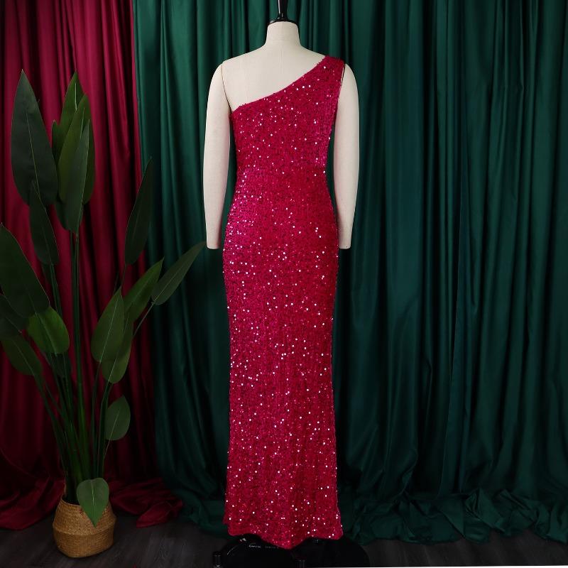 Damen Mode Ein Schulter Pailletten Schlitz Lang Sexy Formelles Partykleid