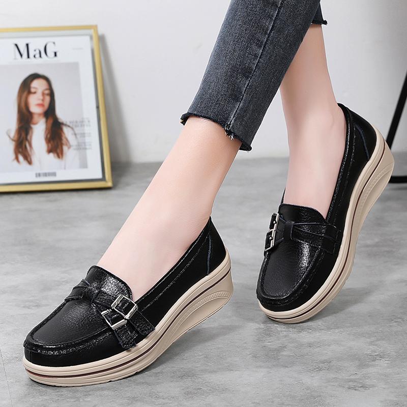 Spring Autumn Women Flats Platform Loafers Ladies Leather Comfort Wedge Moccasins Orthopedic Slip On Casual Shoes Plus Size