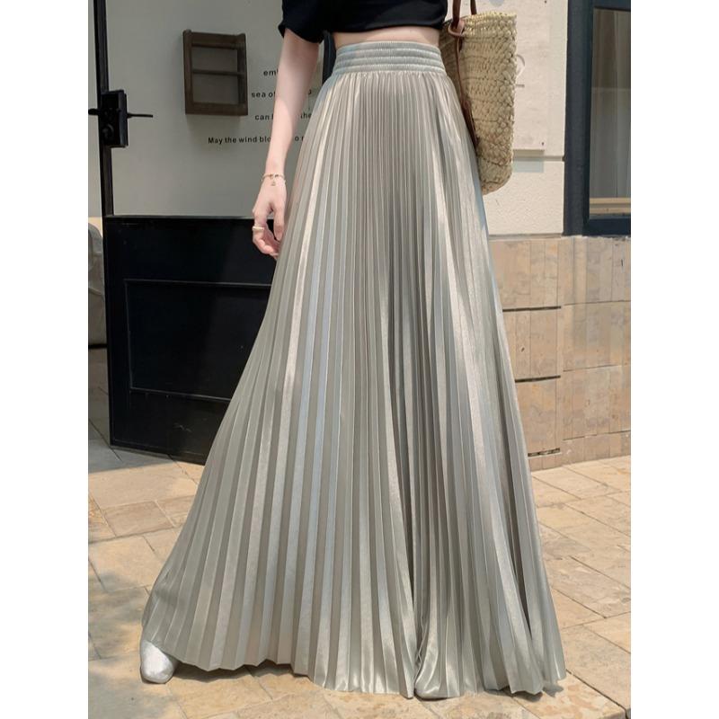 Léto Podzim Dámská Elegantní Jednobarevná Elastická Dlouhá Maxi Plisovaná Sukně Pro Dámu