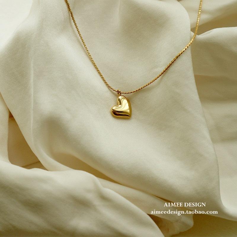 Gold Plated Puffy Heart Pendant Box Chain Necklace Fashion Jewelry