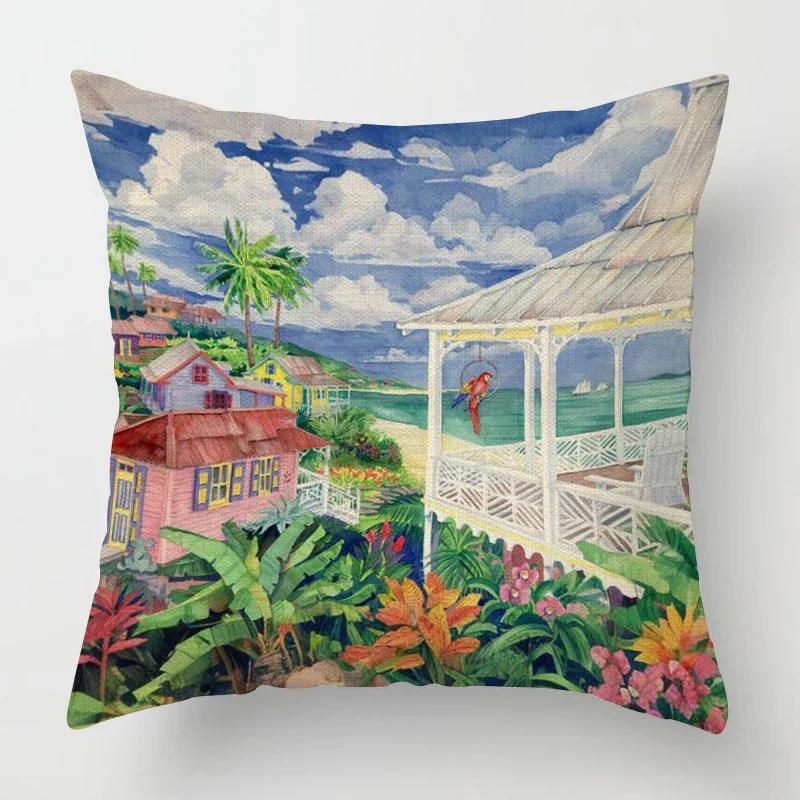 Beach landscape pattern throw pillow cover with short plush print for living room sofa decoration cushion cover pillow covers