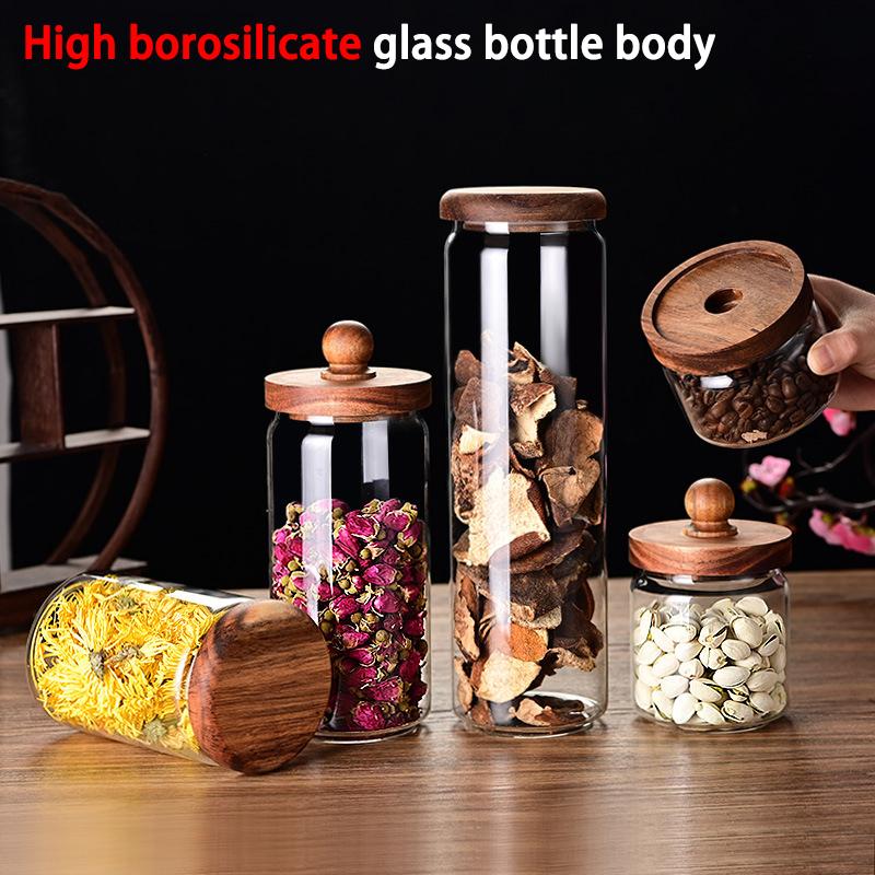 Glasbehälter mit Holzdeckel, luftdicht, für Teeblüten, Süßigkeiten und Kaffee, Küchenaufbewahrungsglas