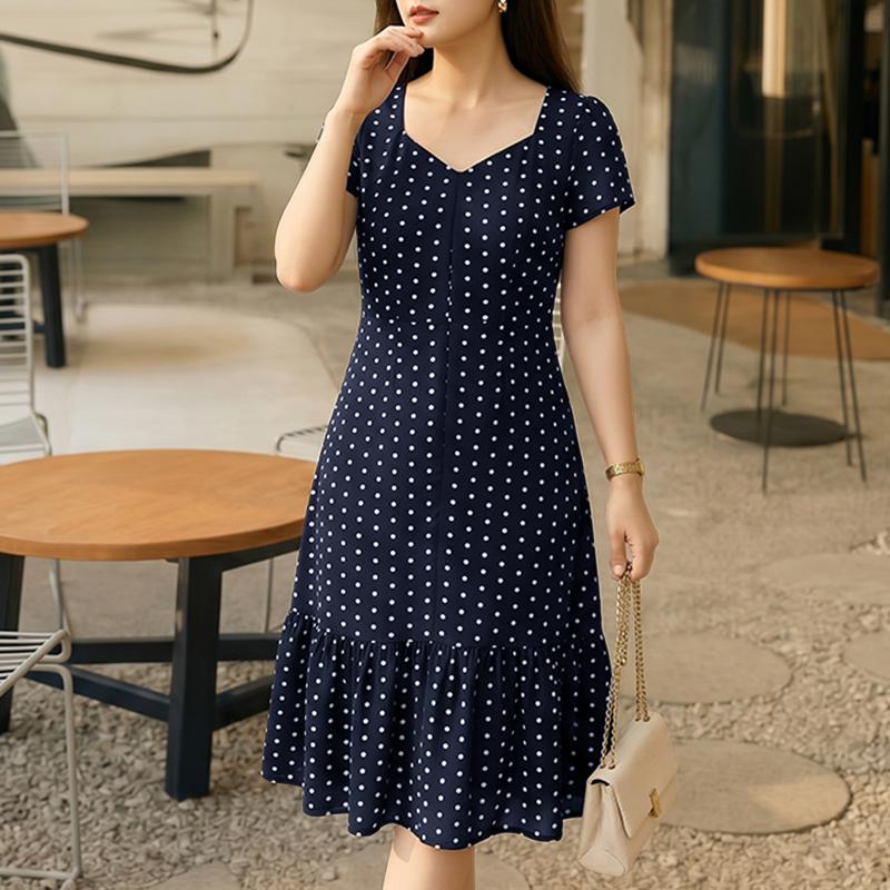 ZANZEA Elegant Women Casual Square Collar Short Sleeve Polka Dot Print Dress S