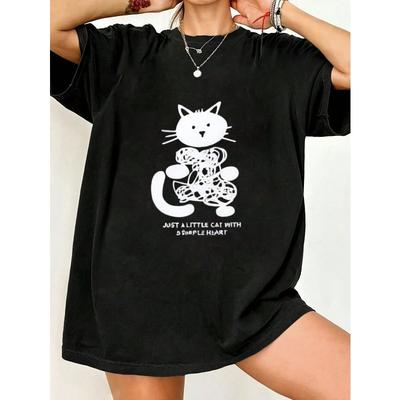 Oversized T Shirt Black Cat With Heart Print And Text Just A Little Cat With Simple Heart Casual Wear For Women Summer Outfit Streetwear Fashion Top