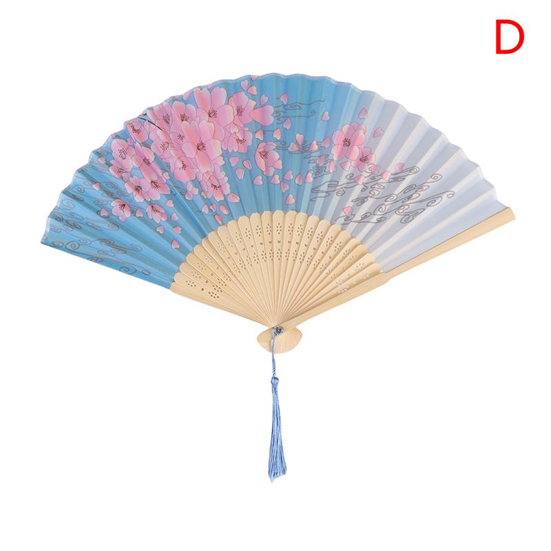 Vintage Printed Silk Folding Hand Fan Tassel Chinese Bamboo Fans Women Dance Performance Props Home Decoration Ornaments