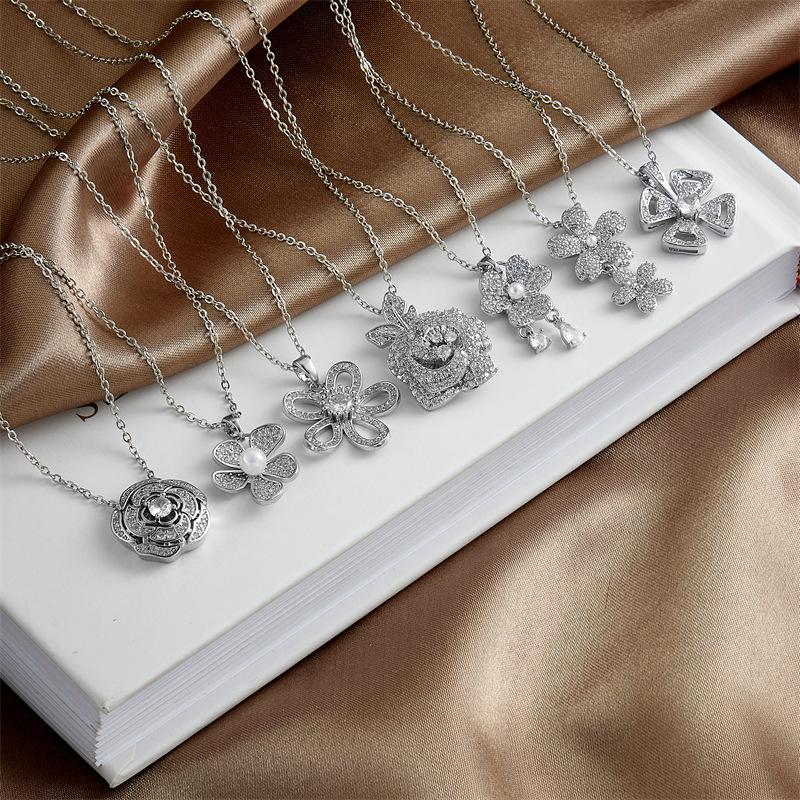 Elegant Hollow Flower with Zircon Pendant Necklace Stainless Steel Chain Jewelry Gifts for Women Teen Girls