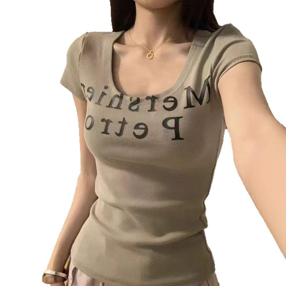 American Retro Hot Girl Letter Print U-Neck Short Sleeve T-Shirt - 2025 Summer Pure Desire Style