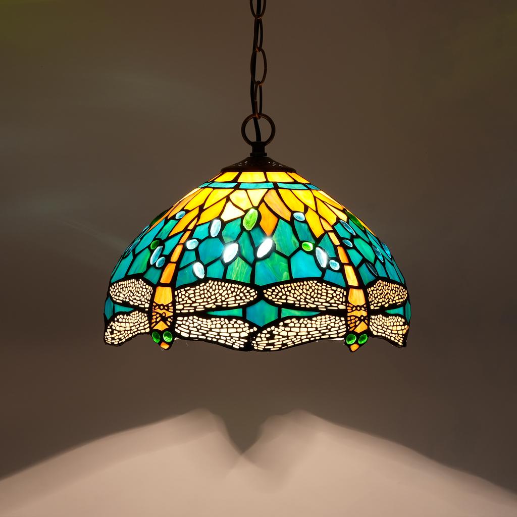 Artisan Handcrafted Color Glass Pendant Light with Peacock Dragonfly Leaf Pattern - Unique Handmade Lighting Fixture