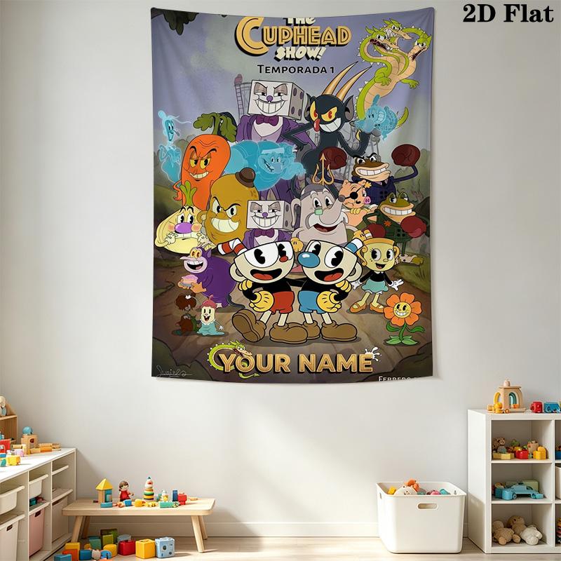 Name Custom Cuphead Wall Tapestry Aesthetic Wall Hanging Printed Fabric Blanket Decorative Tapestries for Bedroom Living Room Home Decor