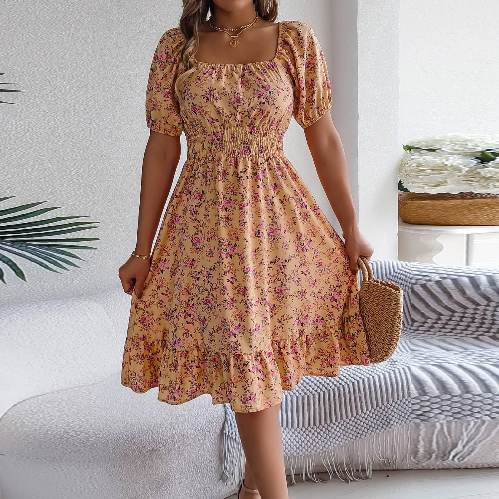 

Женская модная юбка А-силуэта с цветочным принтом, квадратным вырезом и короткими рукавами, с оборками на талии M жёлтый