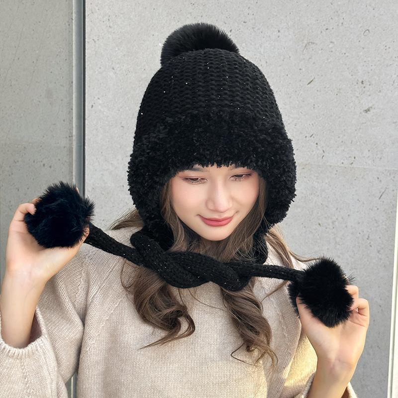 Plush Hat Solid Color Warm Knitted Hat Plush Ball Wool Hat Cute Hanging Ball Outdoor Hat Winter
