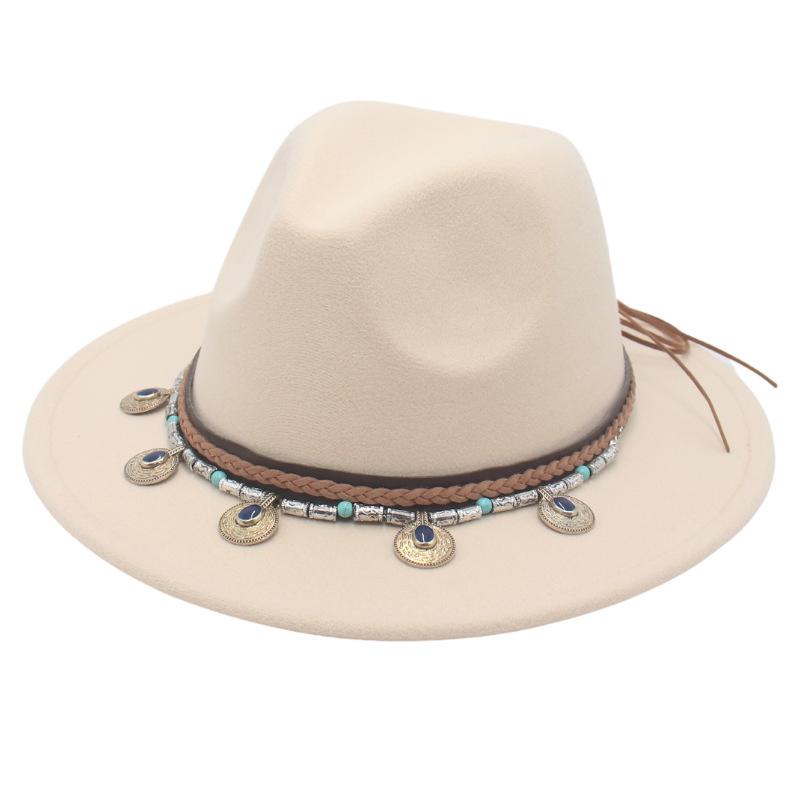 Flowing Beads Imitation Gemstone Tibetan Style Top Hat Jazz Dance Men'S And Women'S Big Eaves Hat