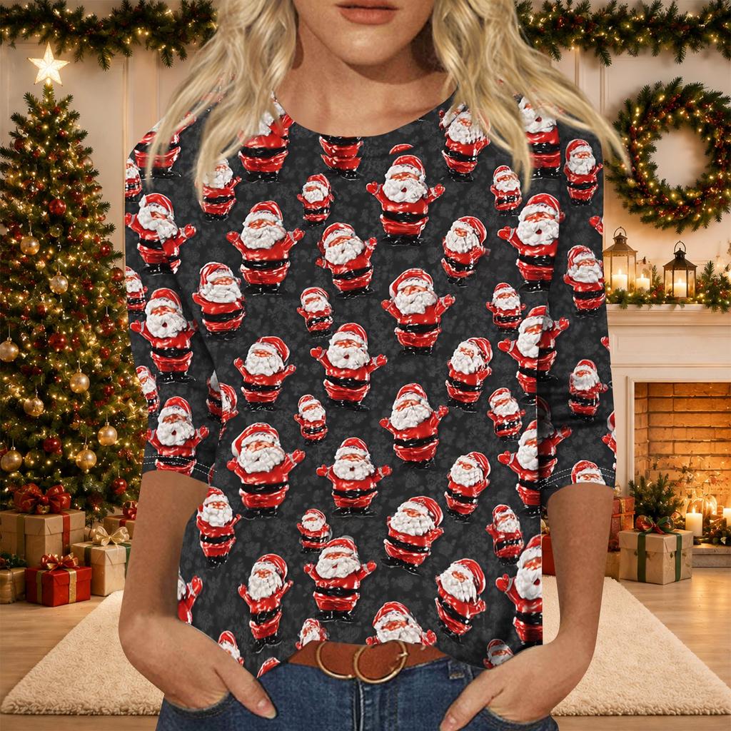 Women's Casual Three-Quarter Sleeve Christmas Print Neck Top for Giving