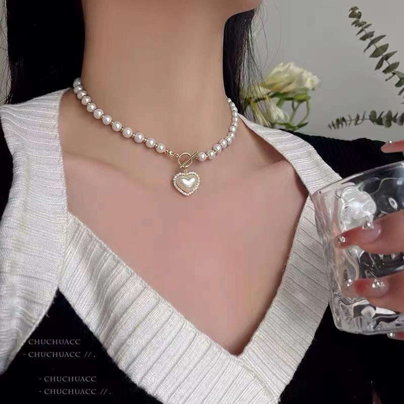 Pearl Necklace Women's Fashion Trendy OT Buckle Love Pendant Collarbone Chain Internet Celebrity Accessories Cold Sweater Collarbone Chain