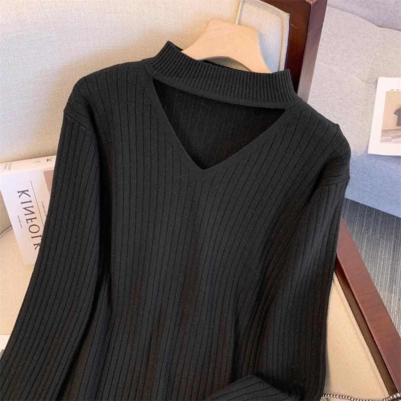 Übergröße Gestricktes V-Ausschnitt Langkleid - Koreanische Mode, Herbst/Winter, Lockere Passform, 3XL